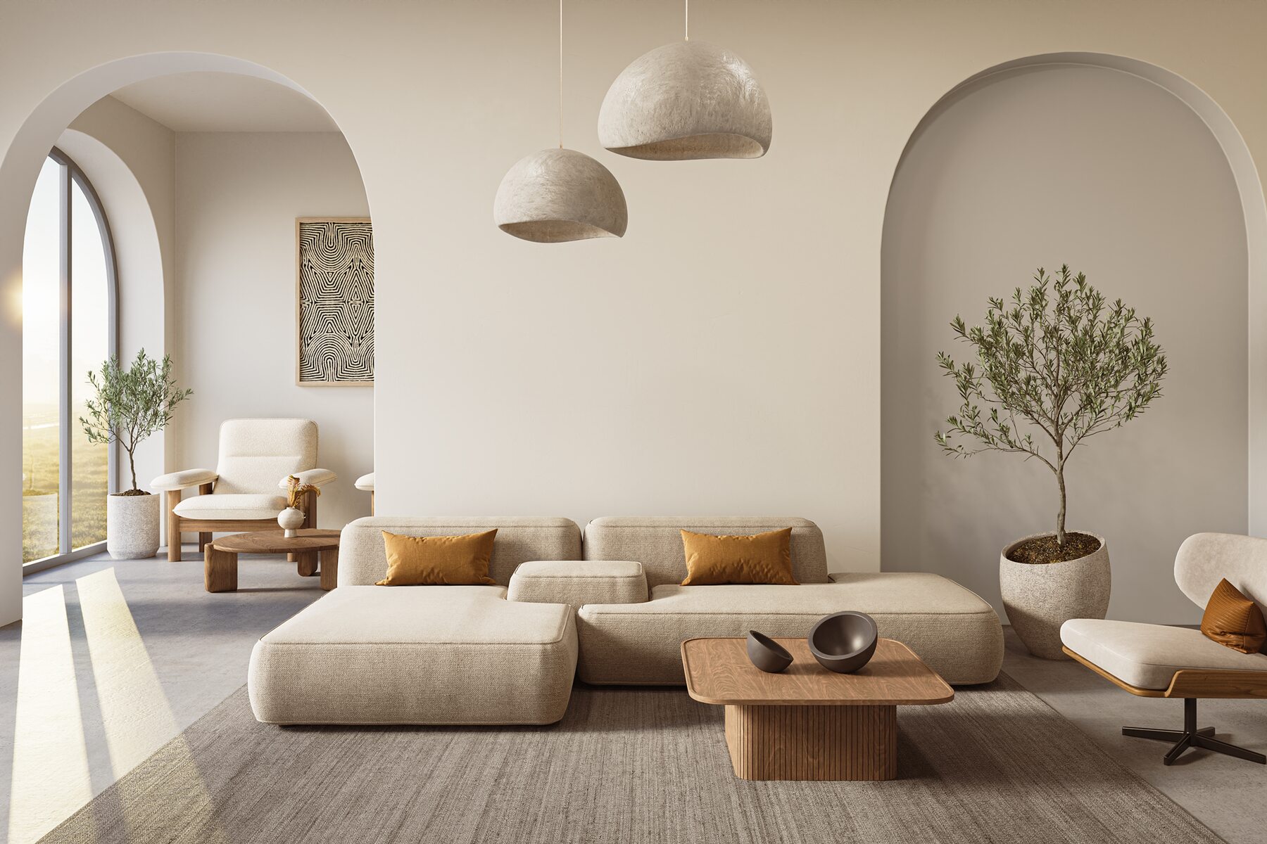 Warm, arched living room with a comfortable seating area