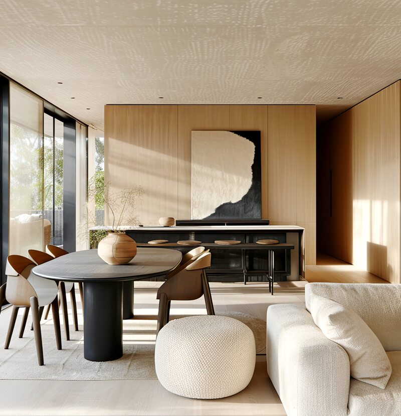 Open dining room with a sculptural table and soft natural light
