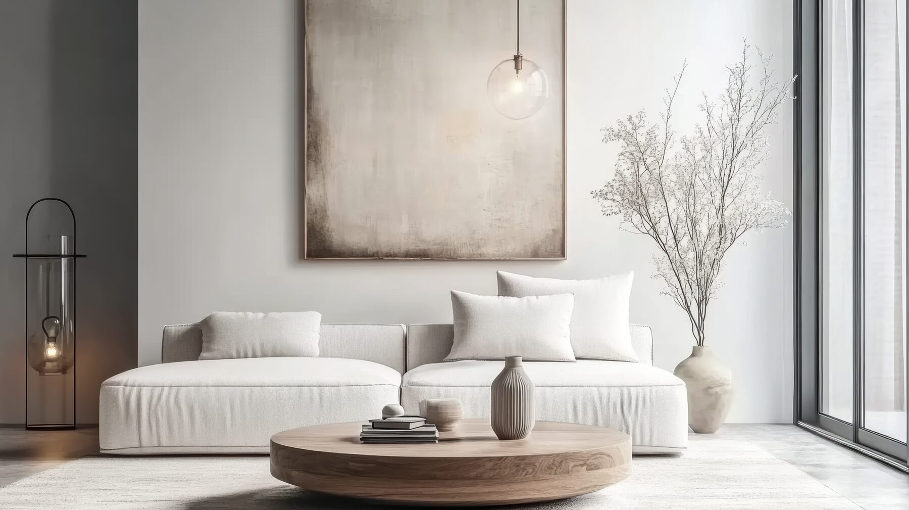 Quiet, sunlit living room with a white sofa and natural textures