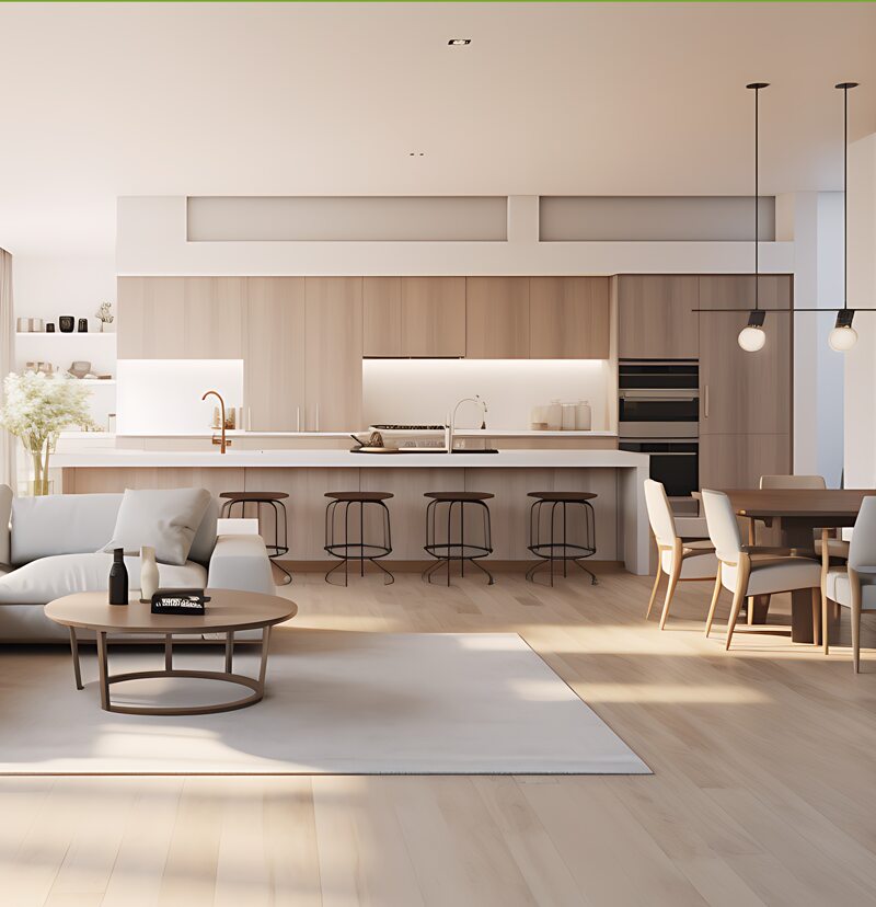 Open-plan kitchen and living area with warm wood cabinetry