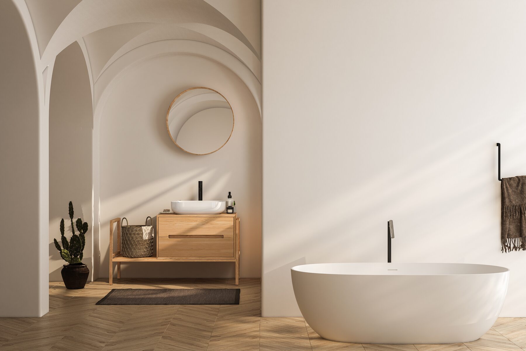 Calm bathroom with a soaking tub and warm natural finishes