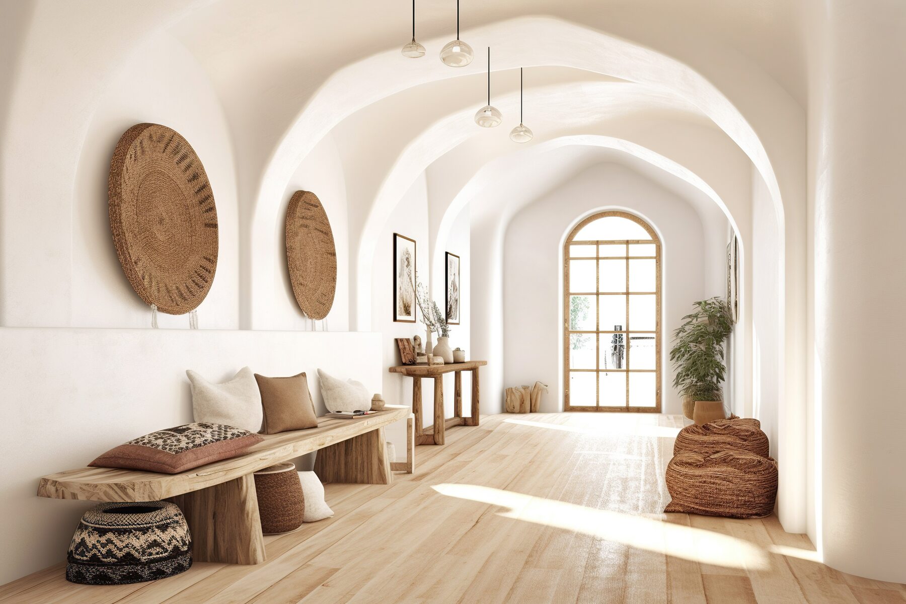 Sunlit entry hall with arched openings and natural wood details
